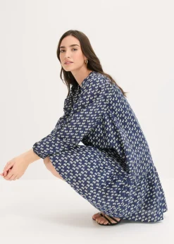 bonprix bonprix Vestido corto con estructura arrugada Azul marino de flores Outlet