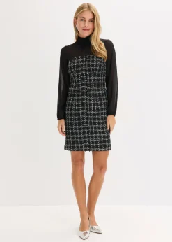 bonprix bonprix Vestido corto de bouclé con mangas de gasa Negro-blanco a cuadros Best