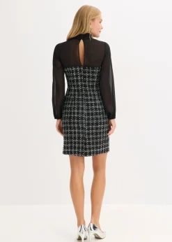 bonprix bonprix Vestido corto de bouclé con mangas de gasa Negro-blanco a cuadros Best