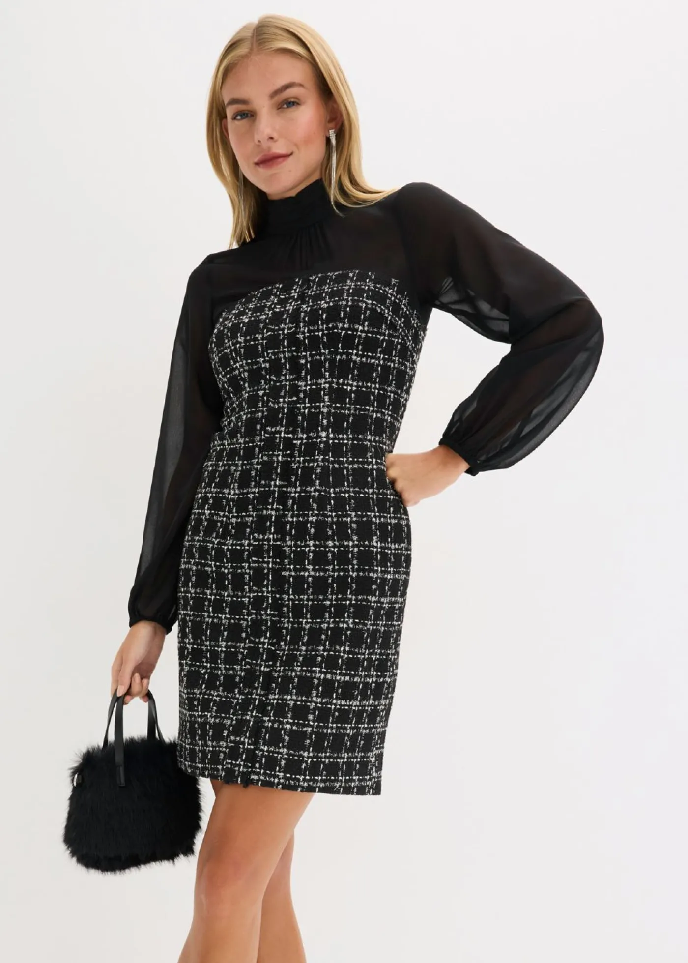 bonprix bonprix Vestido corto de bouclé con mangas de gasa Negro-blanco a cuadros Best
