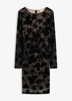 bonprix bonprix Vestido corto de malla fina con estampado flocado Negro-beige de flores Outlet