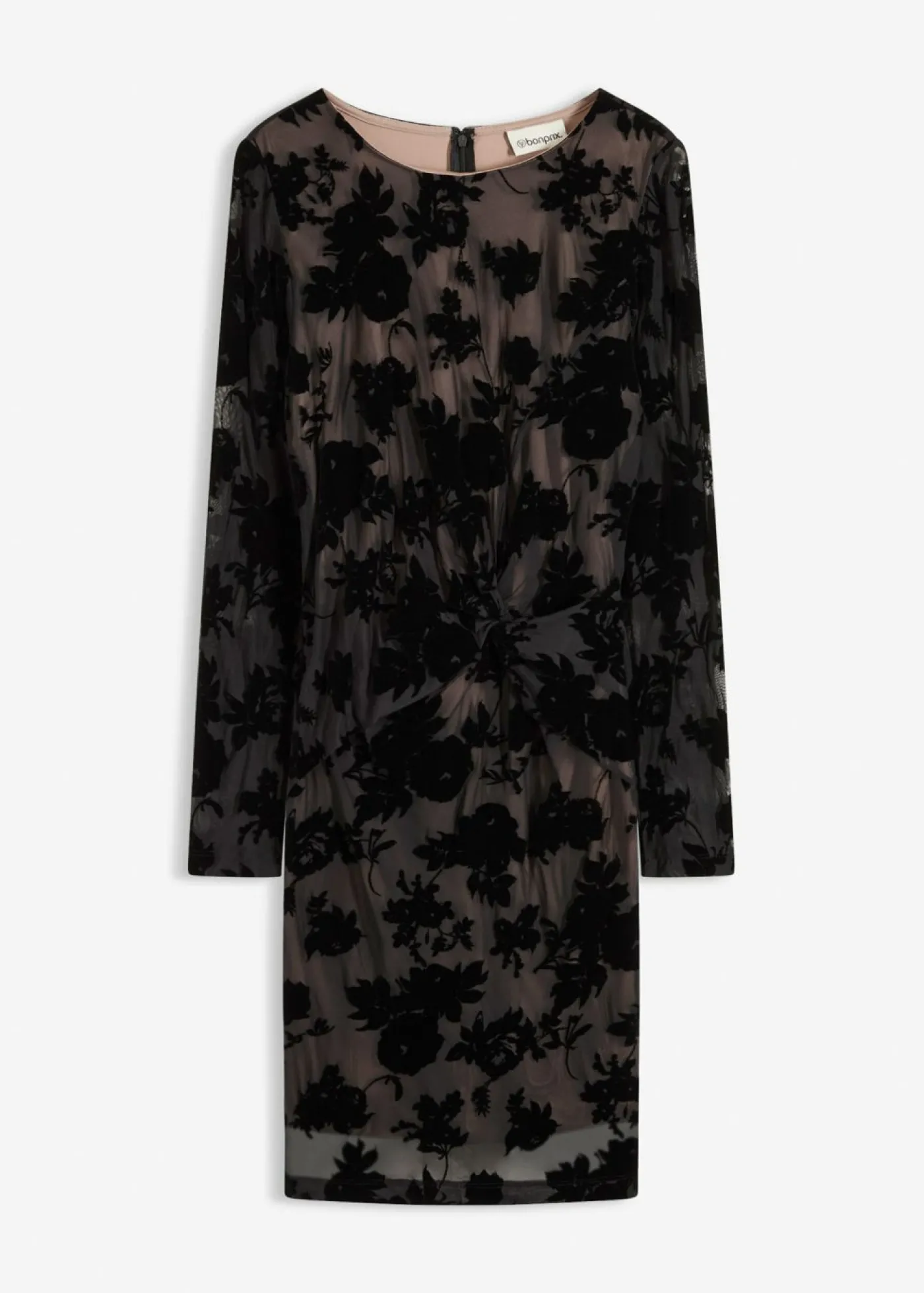 bonprix bonprix Vestido corto de malla fina con estampado flocado Negro-beige de flores Outlet