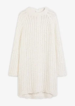 bonprix bonprix Vestido corto de punto con lazo de satén y ligeras transparencias Blanco lana Online