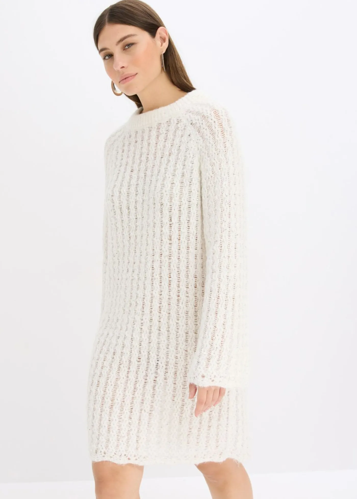 bonprix bonprix Vestido corto de punto con lazo de satén y ligeras transparencias Blanco lana Online