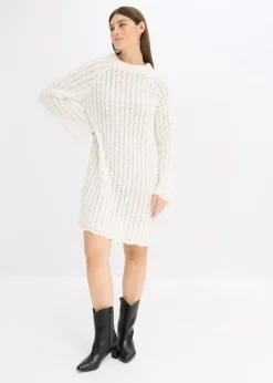bonprix bonprix Vestido corto de punto con lazo de satén y ligeras transparencias Blanco lana Online