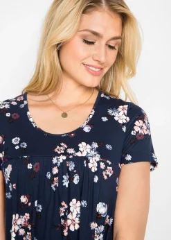 bonprix bonprix Vestido corto de punto de suave mezcla de viscosa azul marino con flores New