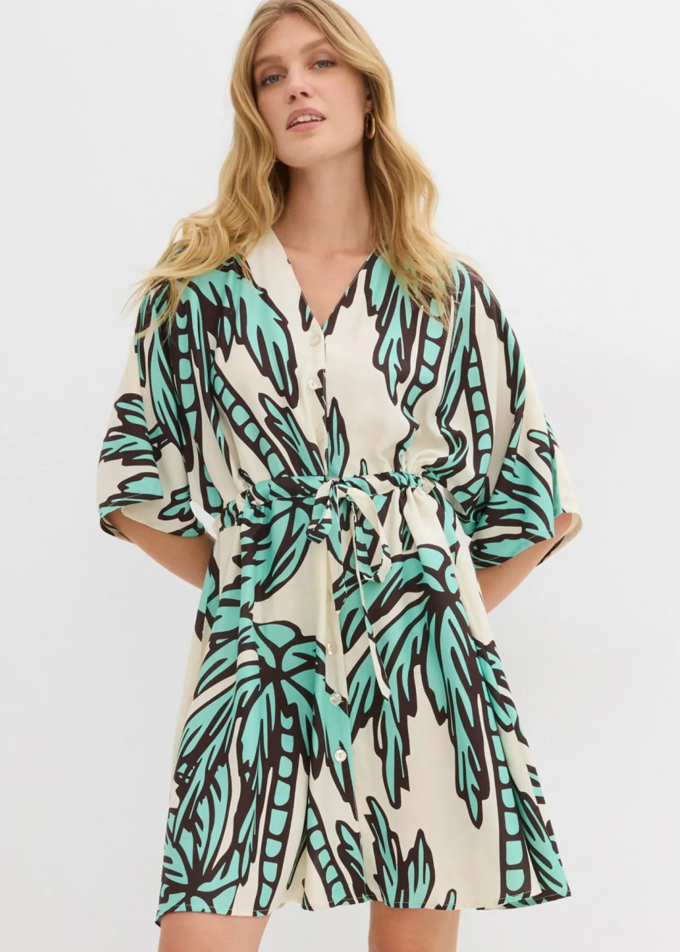 bonprix bonprix Vestido corto de viscosa fluida con mangas tipo kimono crudo-marrón oscuro-azul mentol Outlet