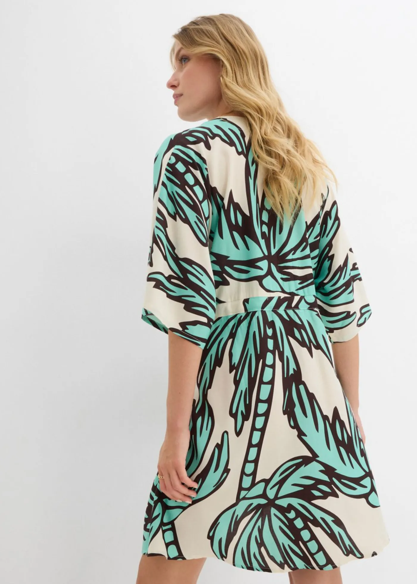 bonprix bonprix Vestido corto de viscosa fluida con mangas tipo kimono crudo-marrón oscuro-azul mentol Outlet
