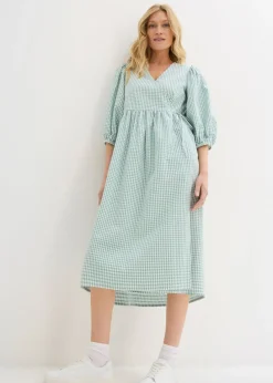 bonprix bonprix Vestido cruzado de material estructurado salvia ahumado-blanco lana a cuadros New