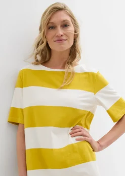 bonprix bonprix Vestido de algodón orgánico puro con corte boxy curry limón-blanco lana con rayas Sale