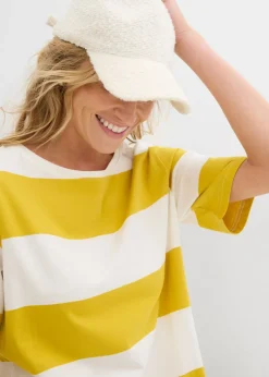 bonprix bonprix Vestido de algodón orgánico puro con corte boxy curry limón-blanco lana con rayas Sale