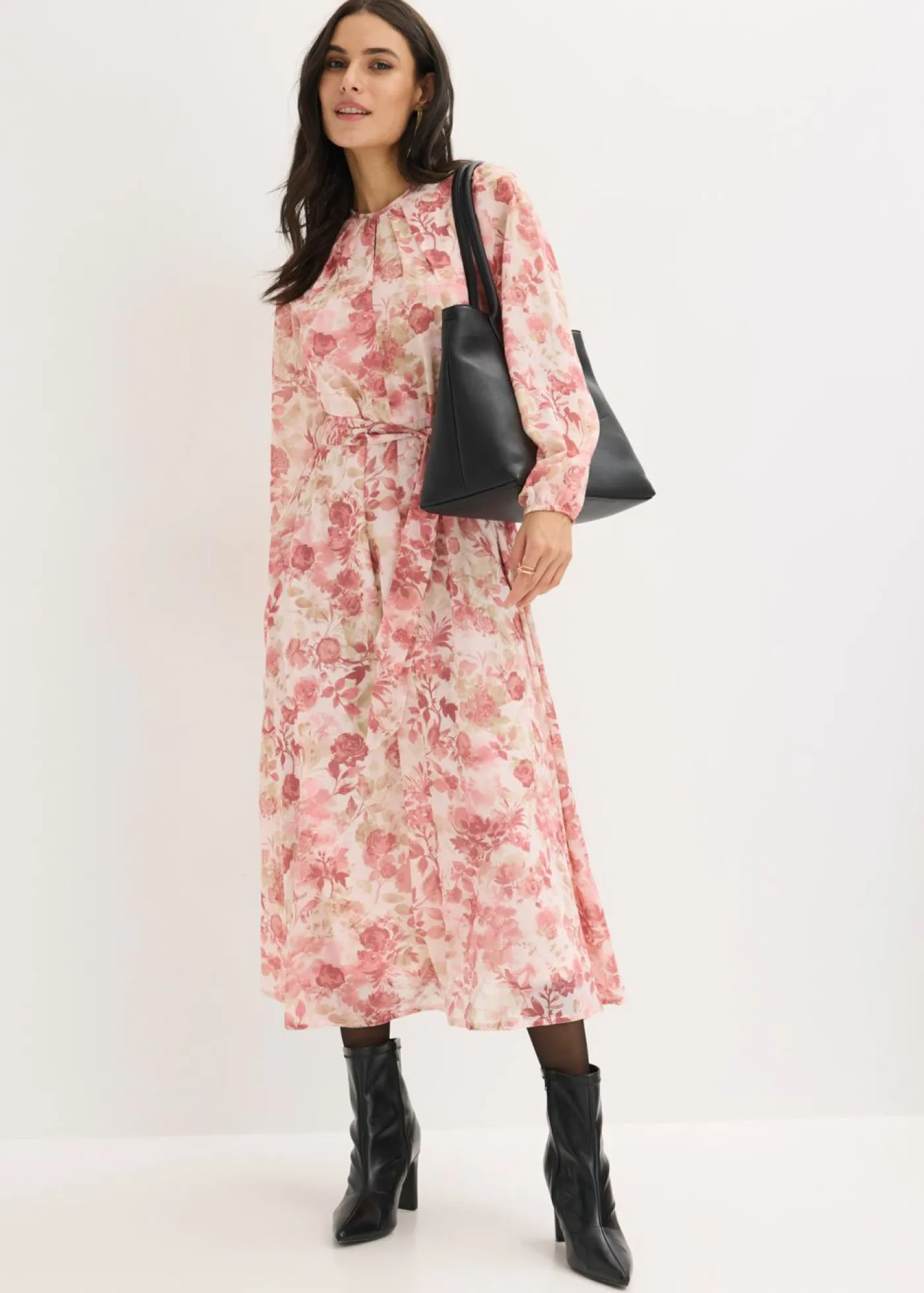 bonprix bonprix Vestido de gasa con cordón (2 piezas) rosa claro con flores Hot