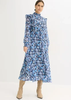 bonprix bonprix Vestido de gasa con cuello alto Azul New