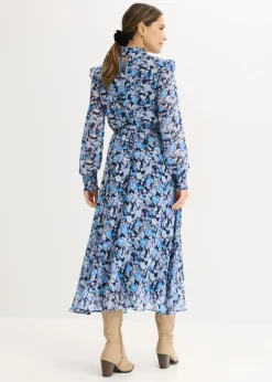 bonprix bonprix Vestido de gasa con cuello alto Azul New