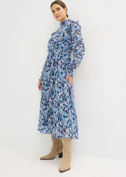 bonprix bonprix Vestido de gasa con cuello alto Azul New