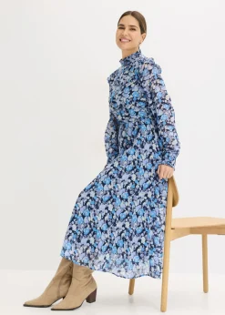 bonprix bonprix Vestido de gasa con cuello alto Azul New