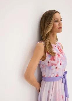 bonprix bonprix Vestido de gasa con dobladillo asimétrico y cordón malva con flores