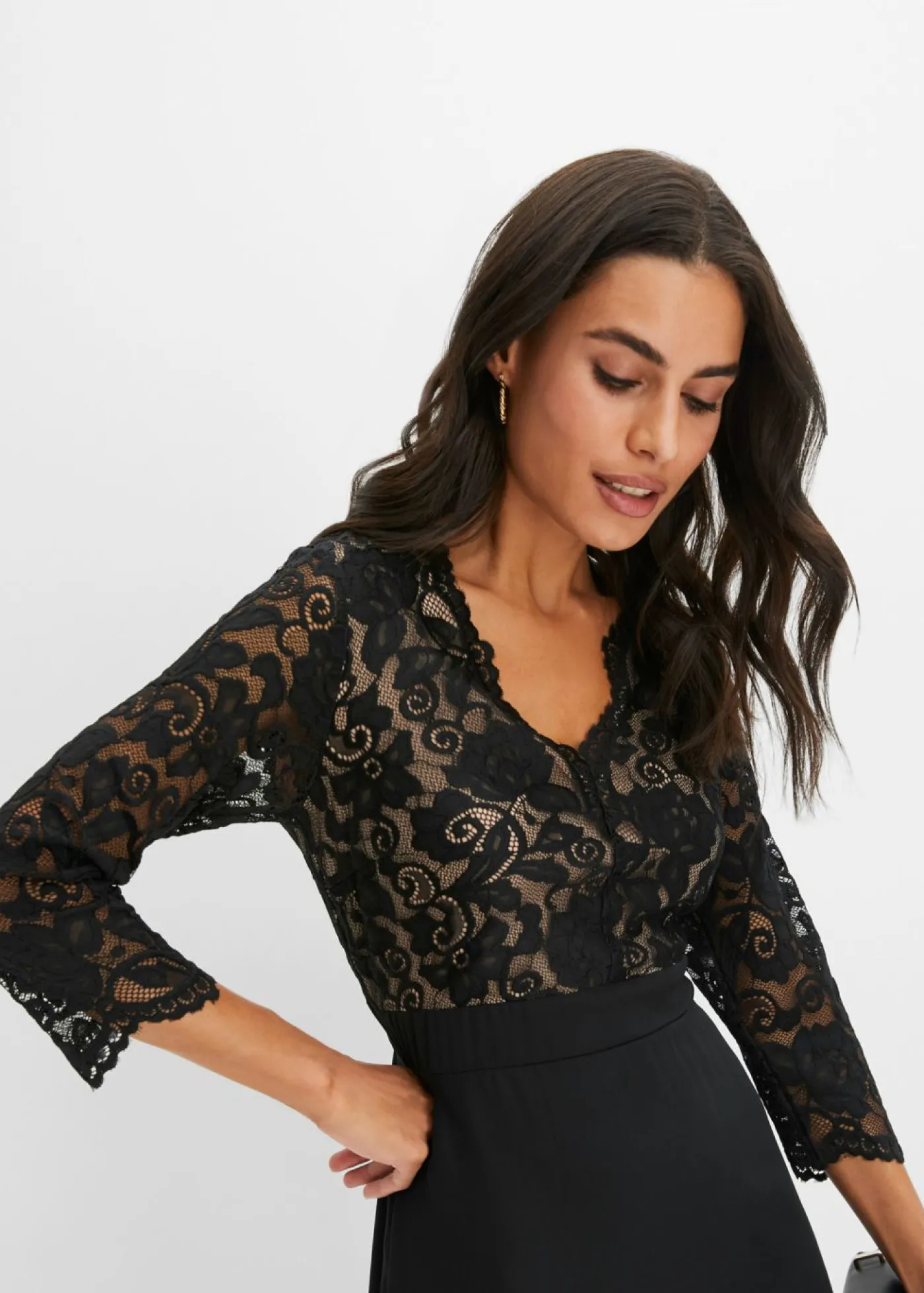 bonprix bonprix Vestido de gasa con encaje Negro Hot