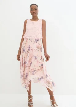 bonprix bonprix Vestido de gasa con encaje fino Azul petróleo de flores Sale