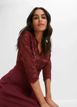 bonprix bonprix Vestido de gasa con encaje rojo avellana Outlet