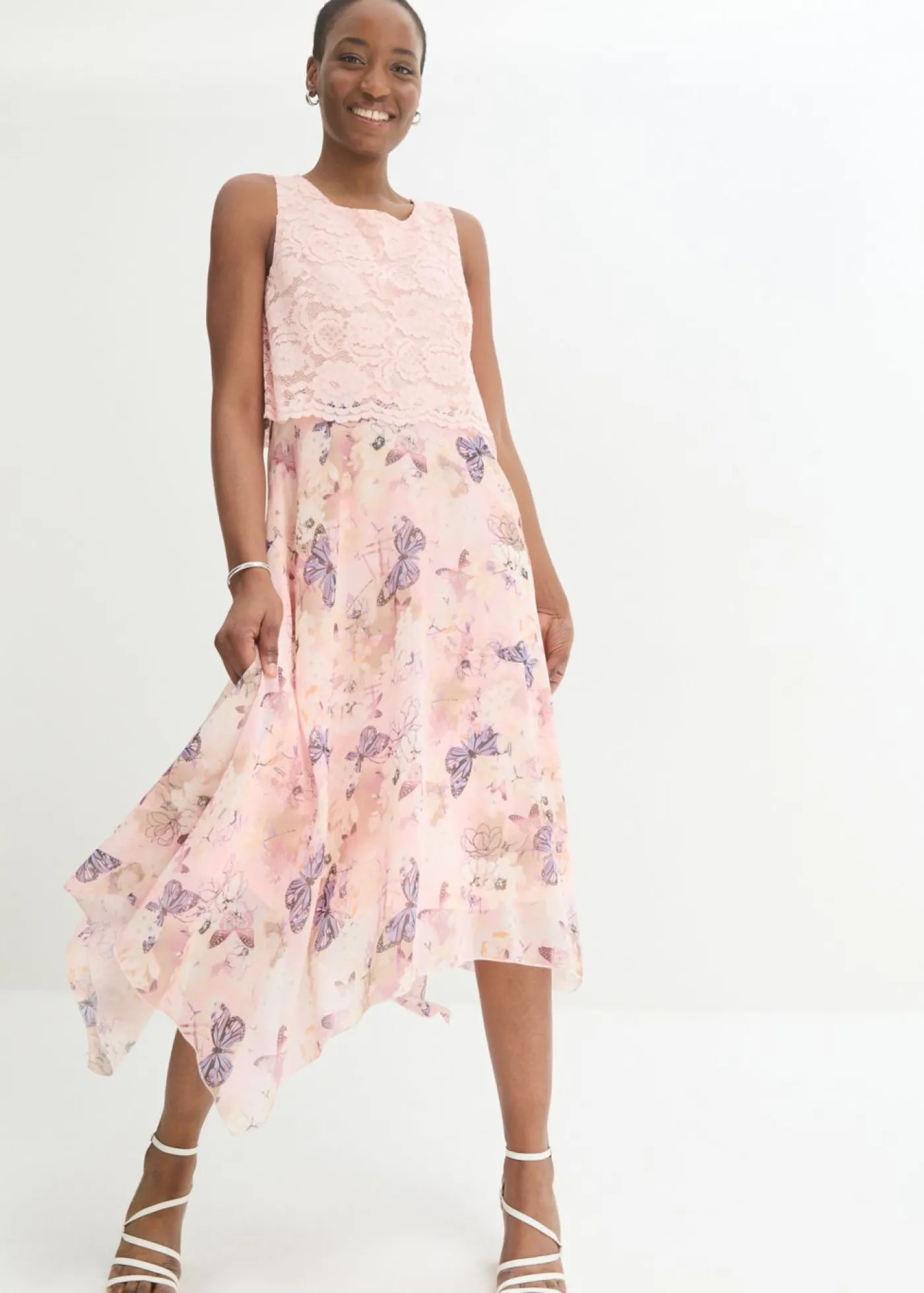 bonprix bonprix Vestido de gasa con encaje fino Rosa claro-rosa de flores Hot
