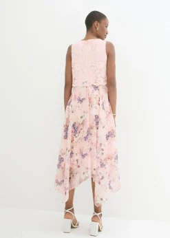 bonprix bonprix Vestido de gasa con encaje fino Rosa claro-rosa de flores Hot