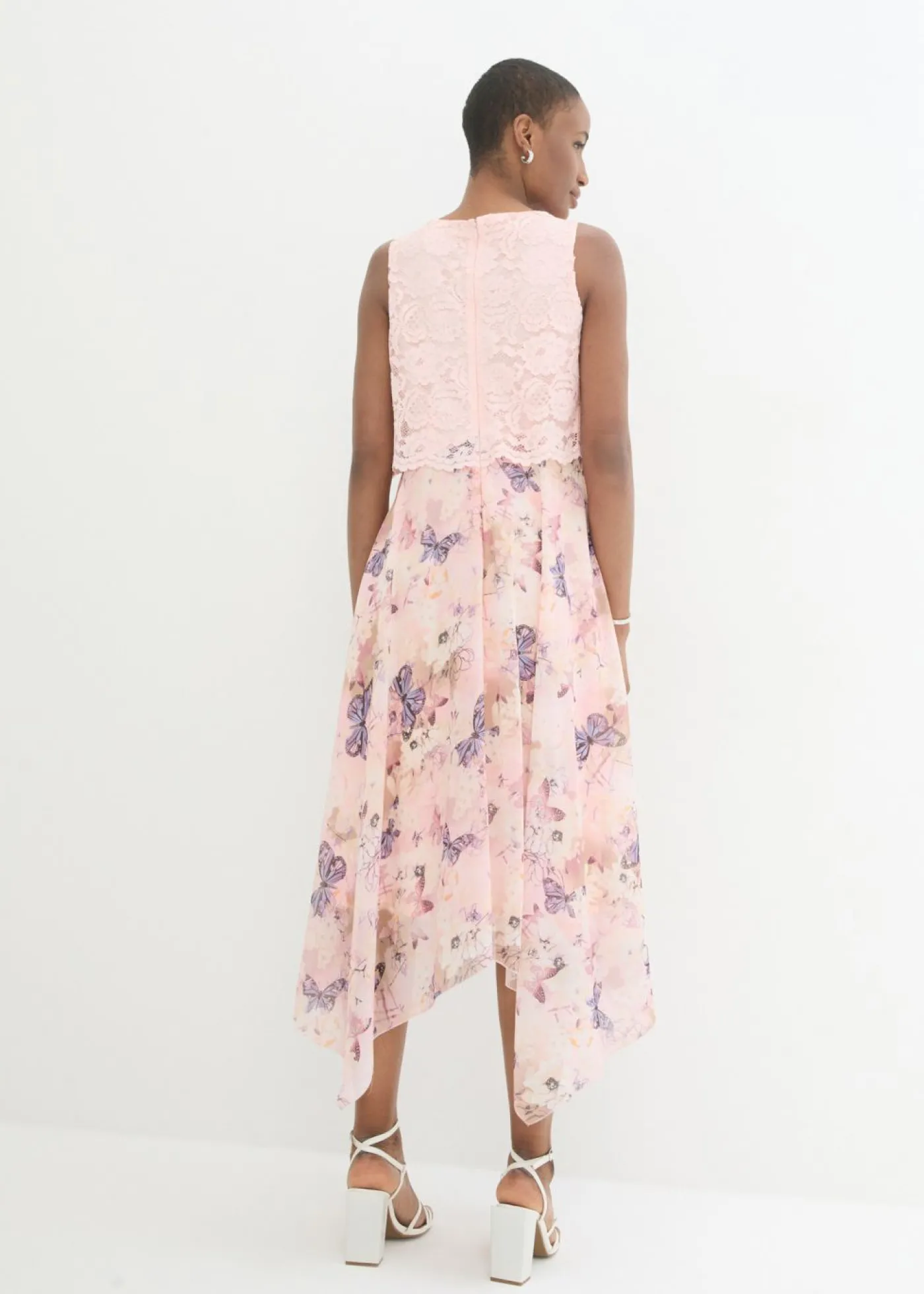 bonprix bonprix Vestido de gasa con encaje fino Rosa claro-rosa de flores Hot