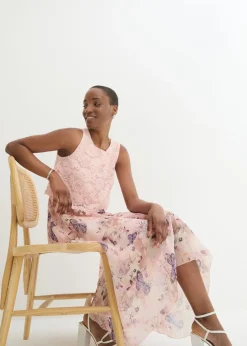 bonprix bonprix Vestido de gasa con encaje fino Rosa claro-rosa de flores Hot