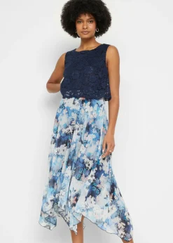 bonprix bonprix Vestido de gasa con encaje fino azul marino con flores Hot