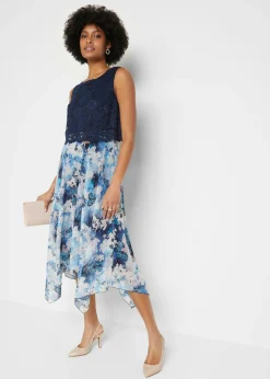 bonprix bonprix Vestido de gasa con encaje fino azul marino con flores Hot