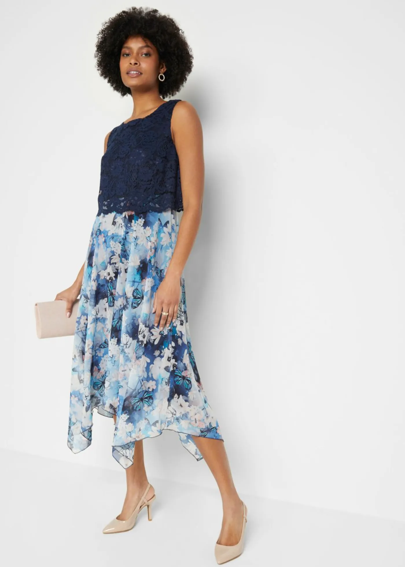 bonprix bonprix Vestido de gasa con encaje fino azul marino con flores Hot