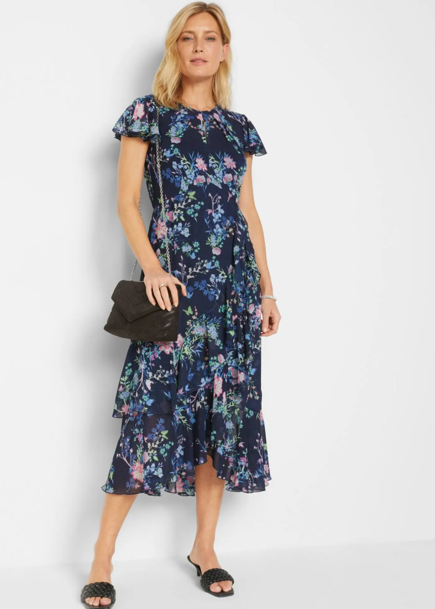 bonprix bonprix Vestido de gasa con mangas tipo murciélago azul marino con flores Clearance