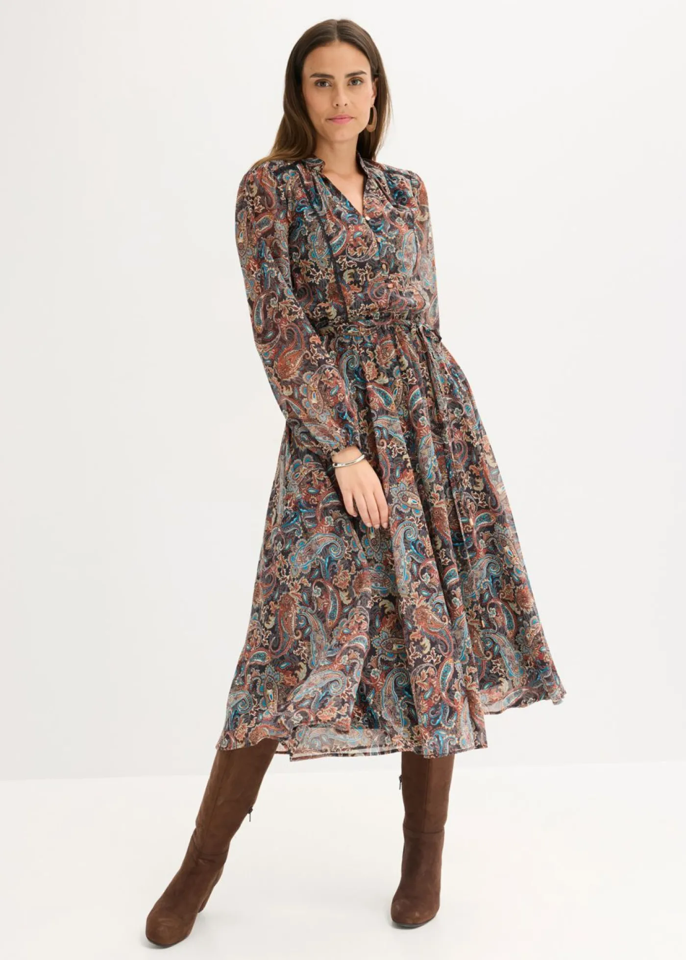 bonprix bonprix Vestido de gasa con patrón de paisley Negro-beige Sale