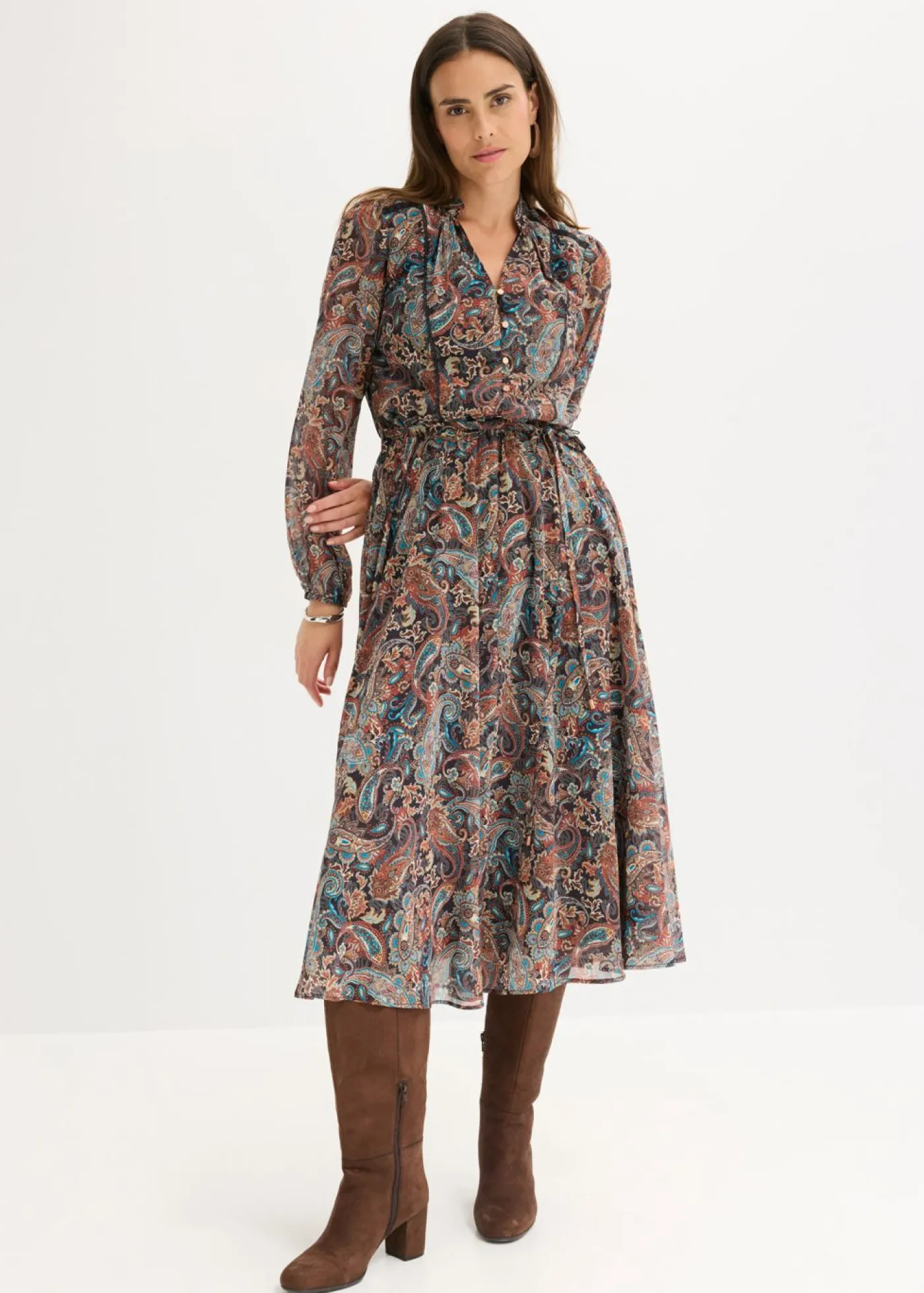 bonprix bonprix Vestido de gasa con patrón de paisley Negro-beige Sale