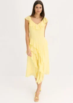 bonprix bonprix Vestido de gasa con tirantes y volantes Amarillo claro New
