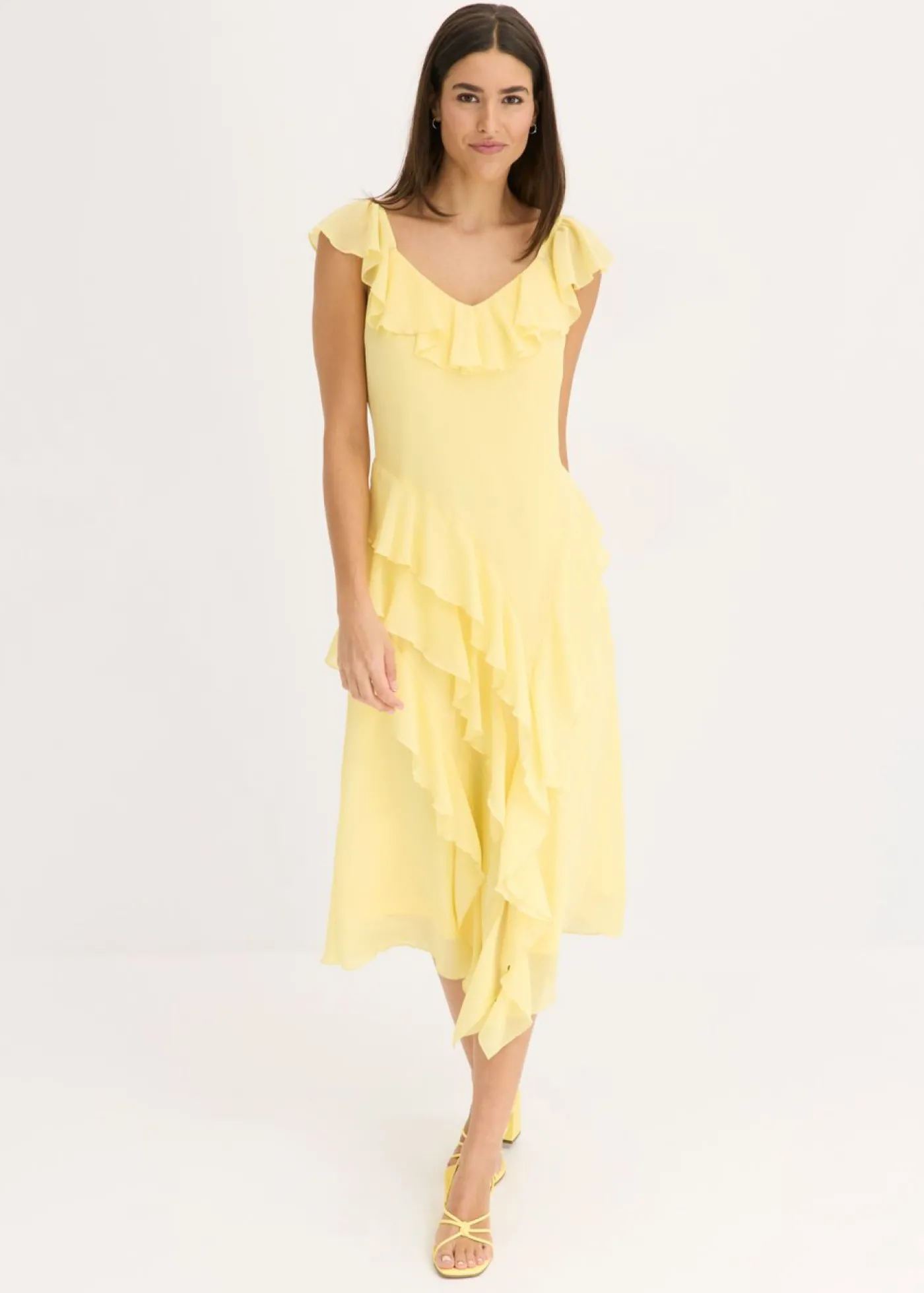 bonprix bonprix Vestido de gasa con tirantes y volantes Amarillo claro New