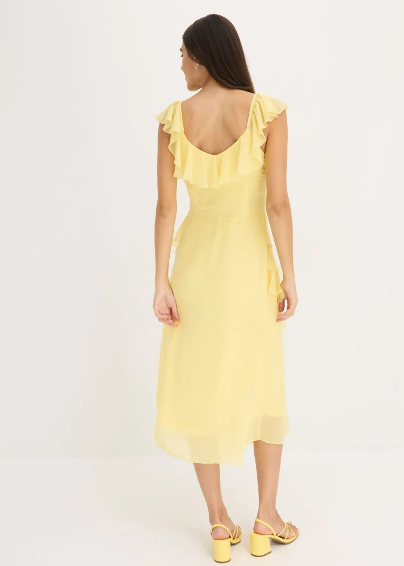 bonprix bonprix Vestido de gasa con tirantes y volantes Amarillo claro New