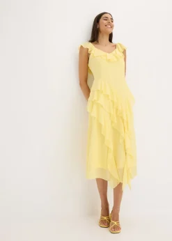bonprix bonprix Vestido de gasa con tirantes y volantes Amarillo claro New