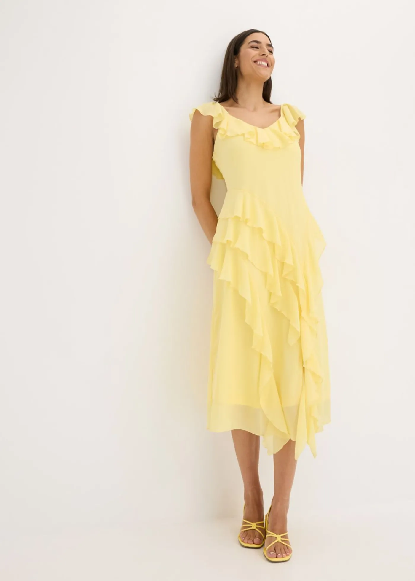 bonprix bonprix Vestido de gasa con tirantes y volantes Amarillo claro New