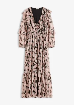 bonprix bonprix Vestido de gasa con volantes Negro-rosa palo New
