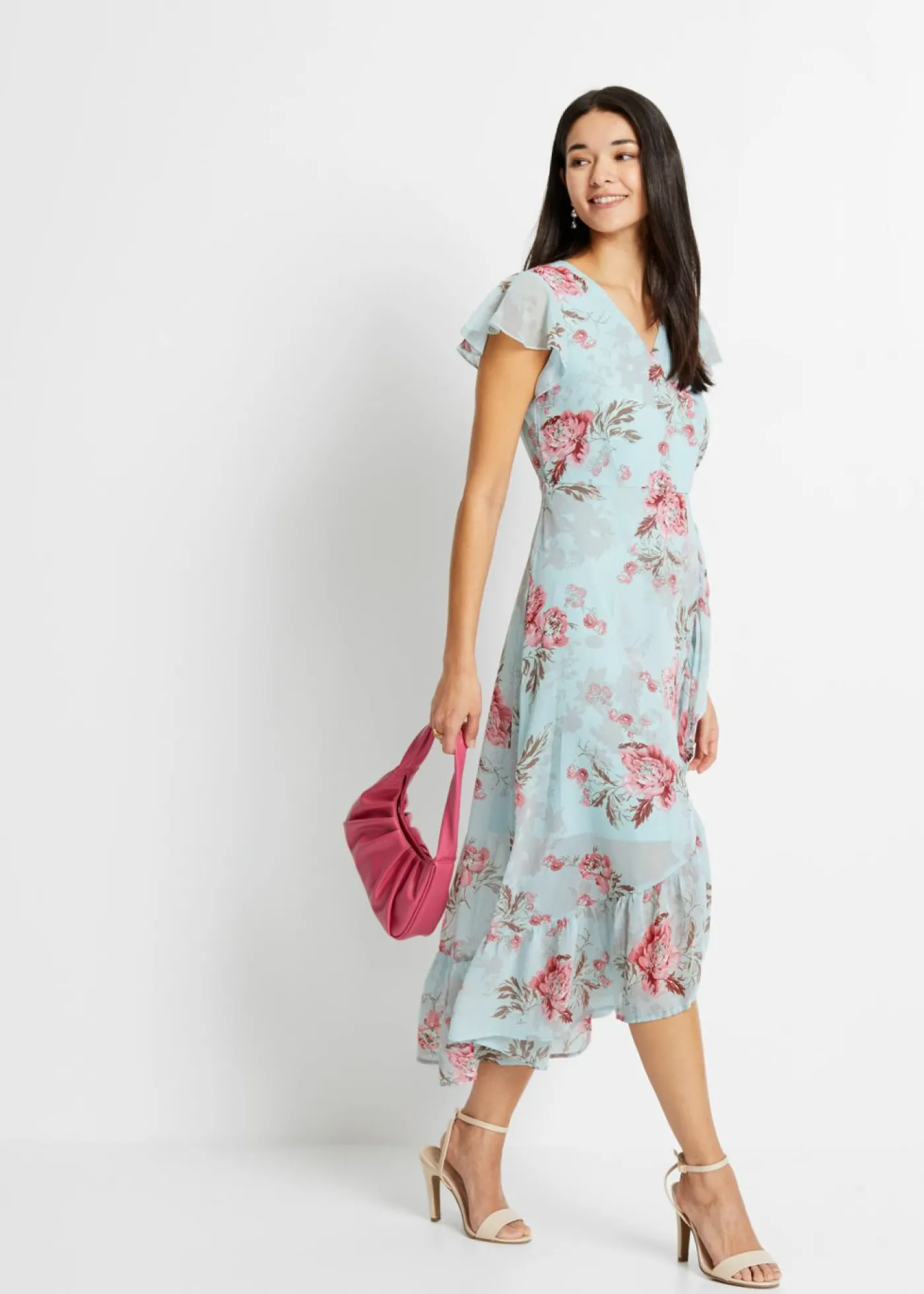 bonprix bonprix Vestido de gasa con volantes azul pálido con flores New