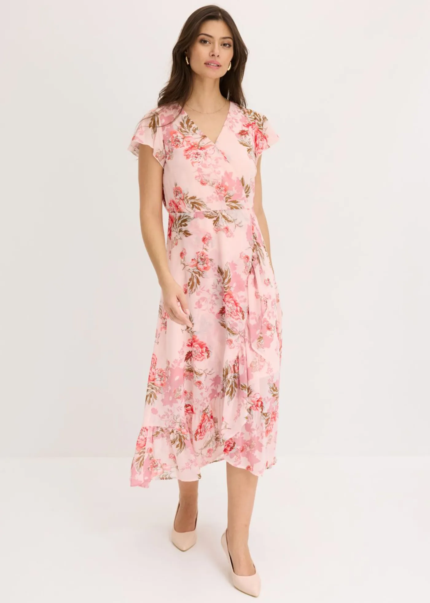 bonprix bonprix Vestido de gasa con volantes Rosa de flores