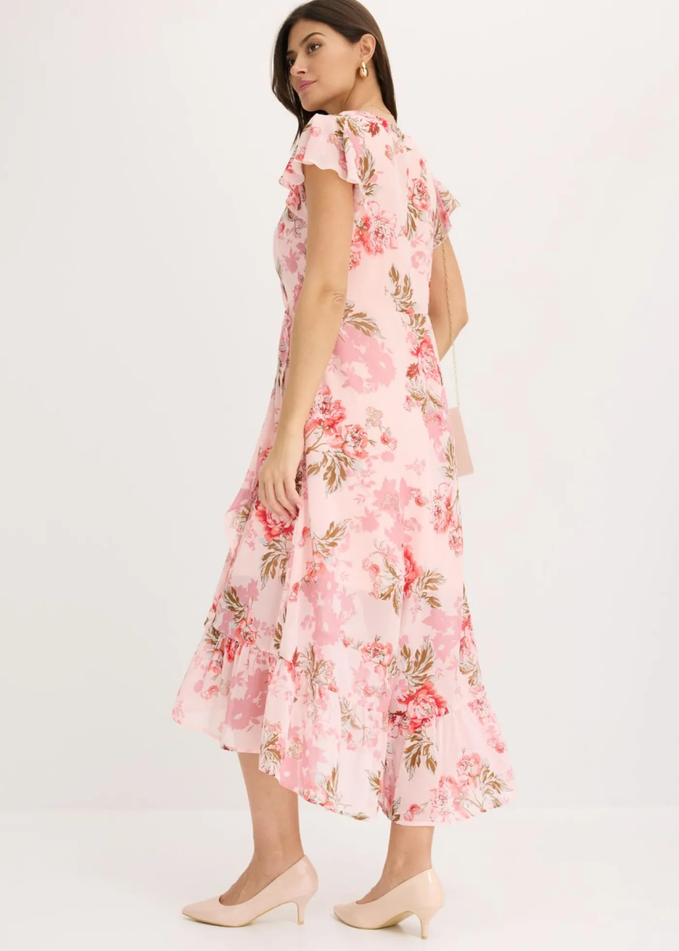 bonprix bonprix Vestido de gasa con volantes Rosa de flores