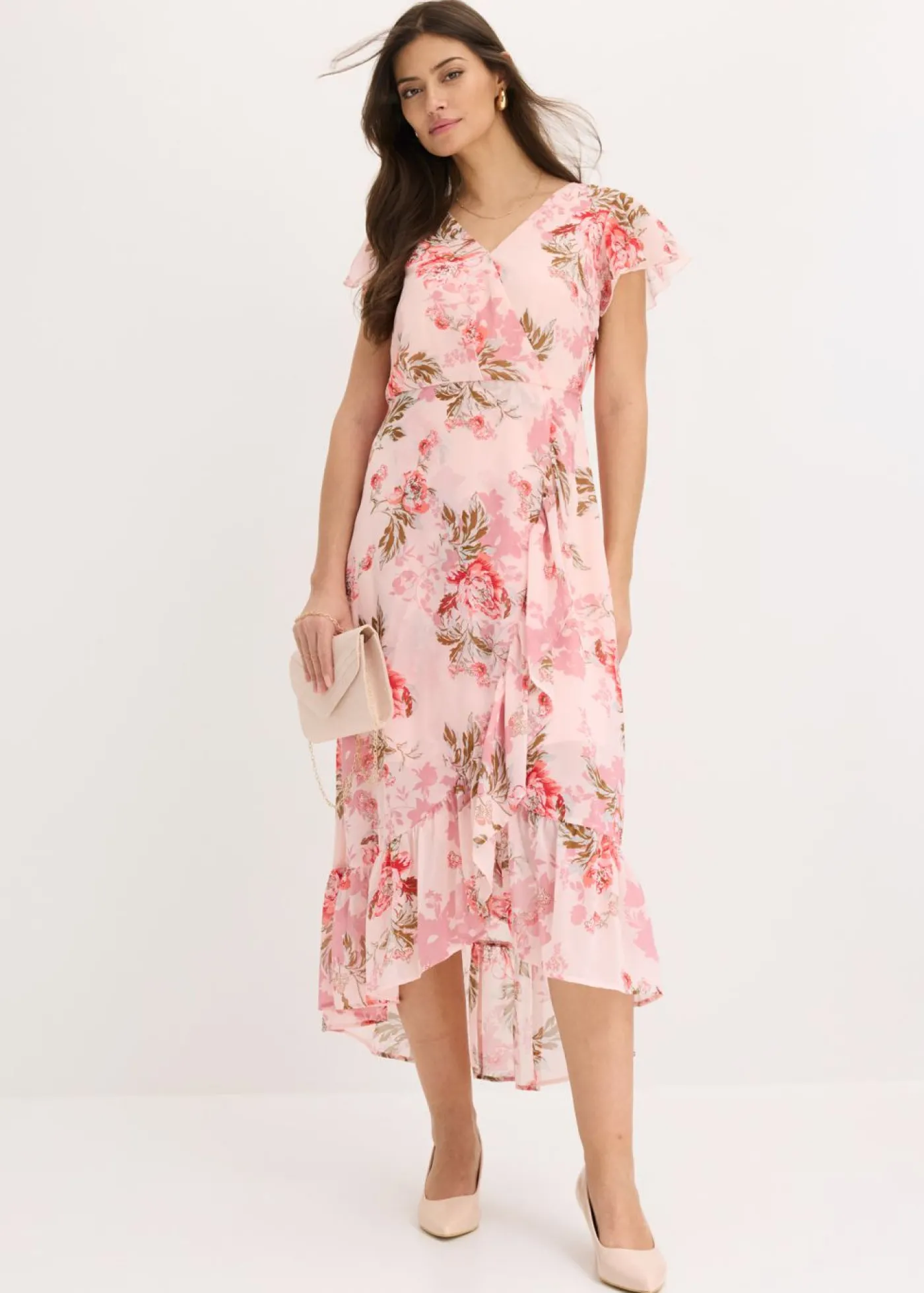 bonprix bonprix Vestido de gasa con volantes Rosa de flores