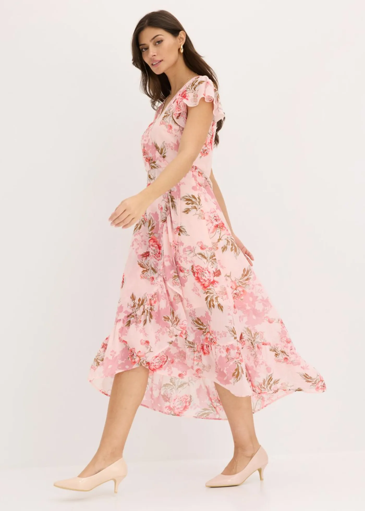 bonprix bonprix Vestido de gasa con volantes Rosa de flores