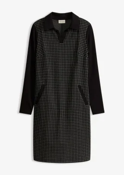 bonprix bonprix Vestido de jacquard con cuello en contraste Negro-blanco lana a cuadros Best