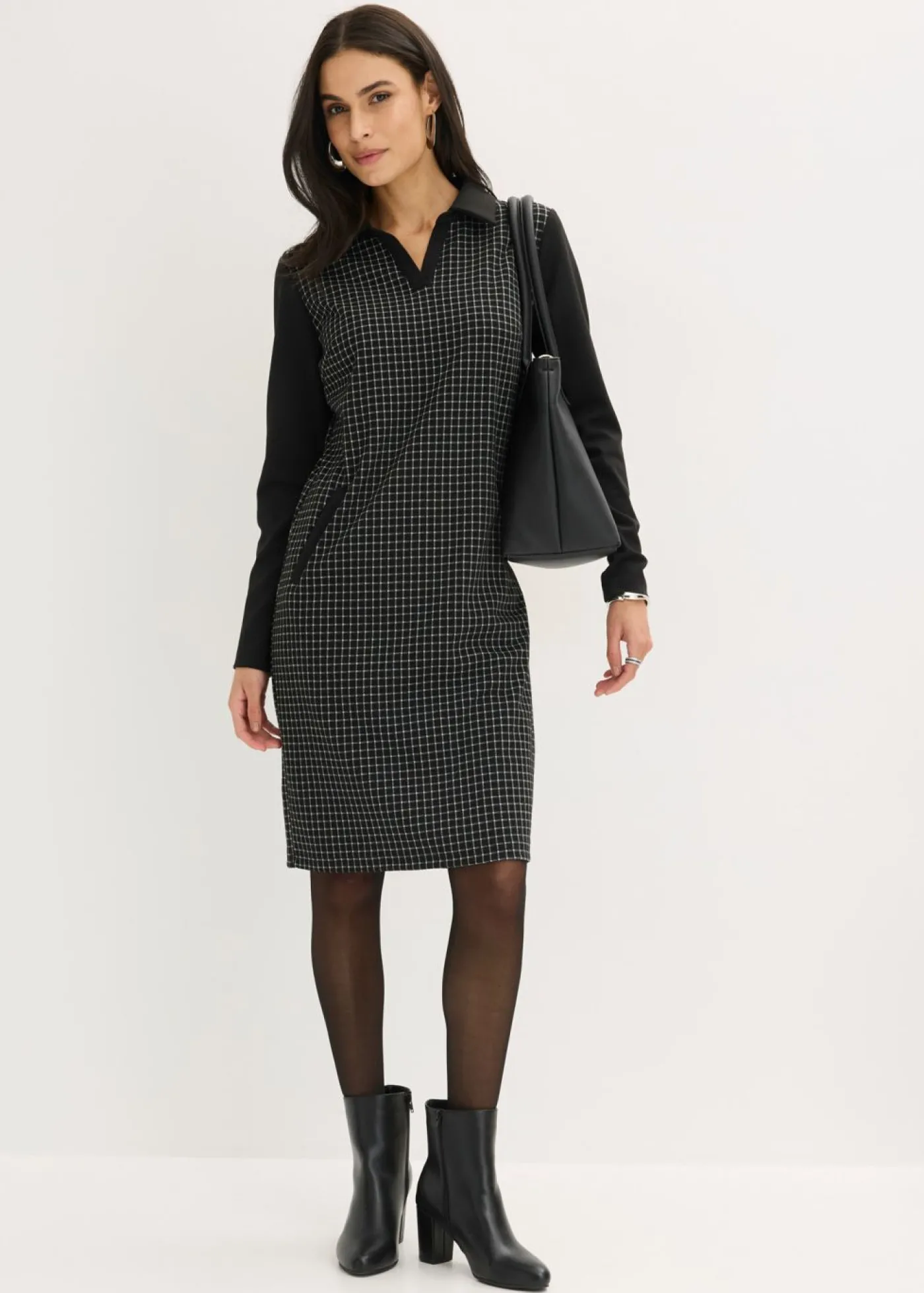bonprix bonprix Vestido de jacquard con cuello en contraste Negro-blanco lana a cuadros Best