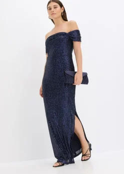 bonprix bonprix Vestido de lentejuelas con escote bañera Azul marino New