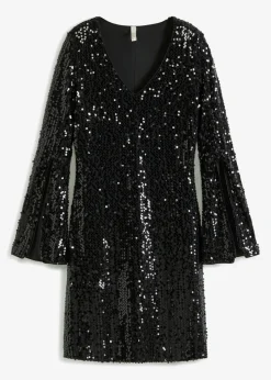 bonprix bonprix Vestido de lentejuelas con mangas de trompeta Negro Clearance