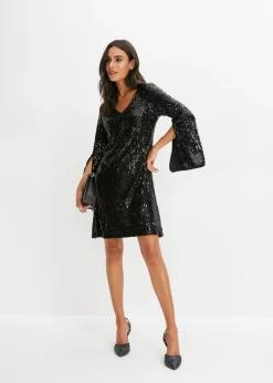 bonprix bonprix Vestido de lentejuelas con mangas de trompeta Negro Clearance